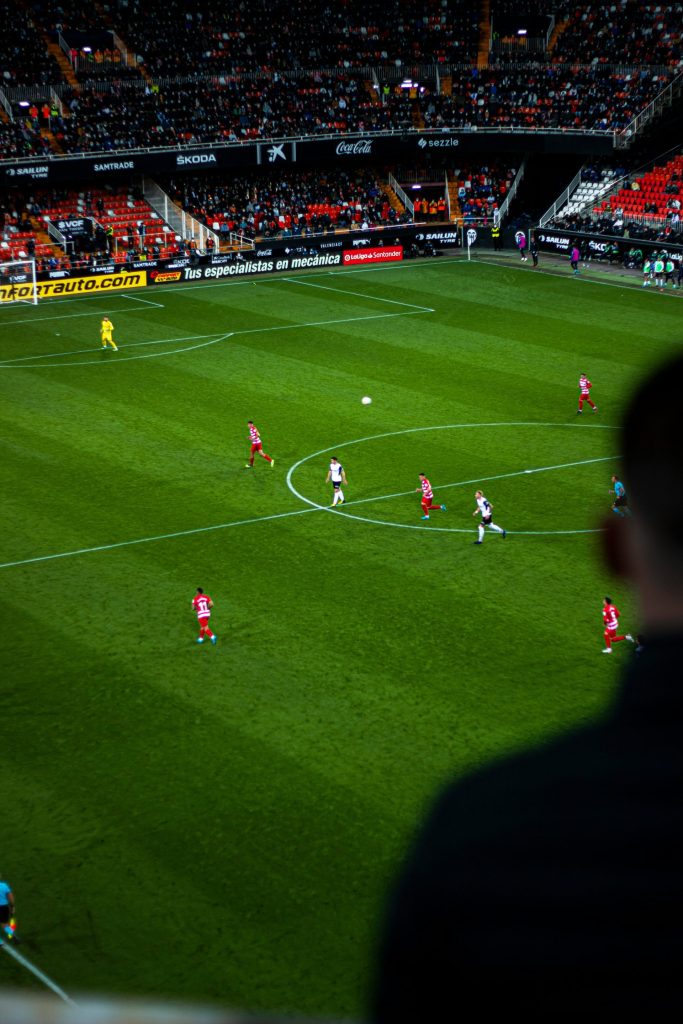 a group of people on a field playing soccer